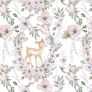 Watercolor baby deers forest woodland animals with pink flowers illustration pattern