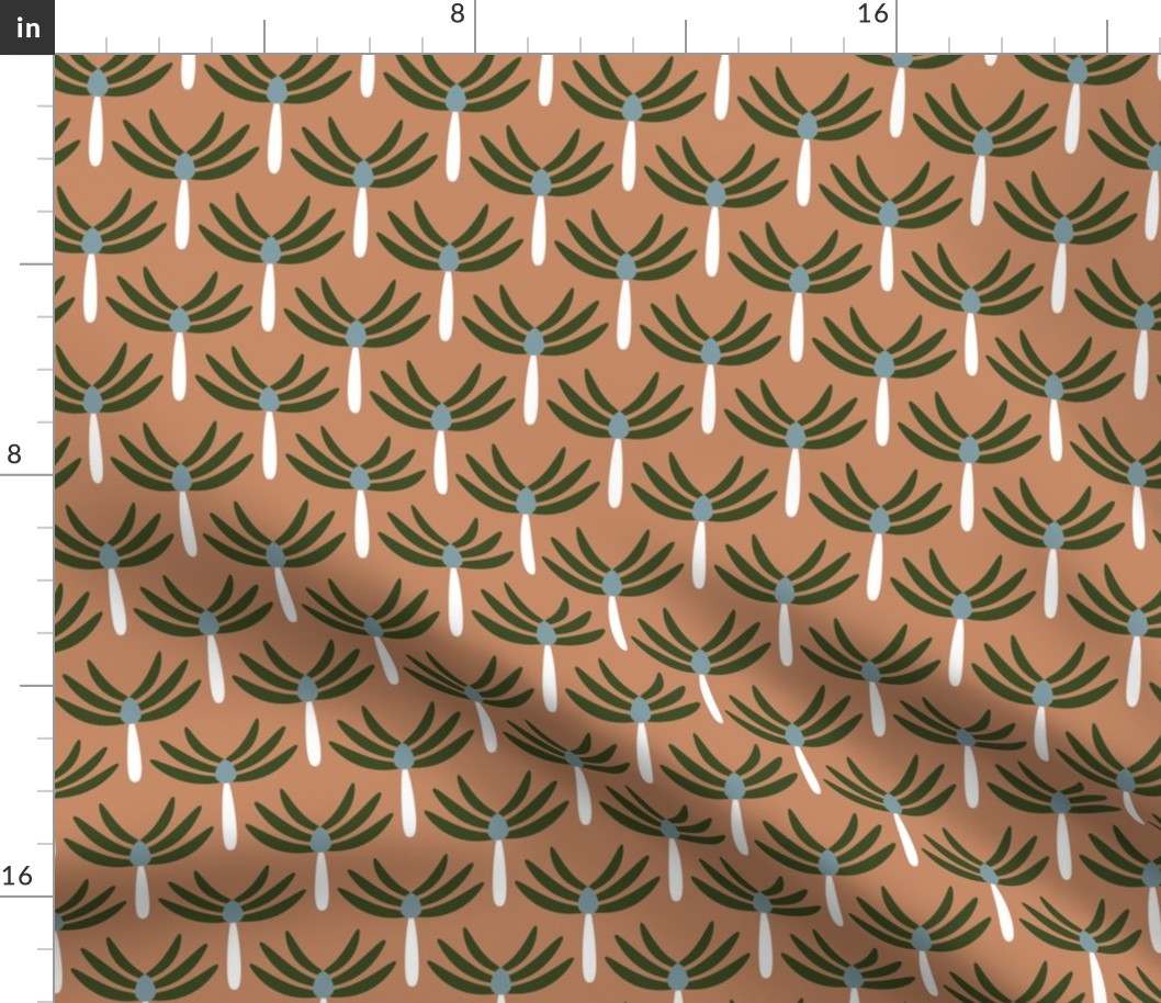 Mid-century style palm tree forest abstract tropical jungle design green blue on beige