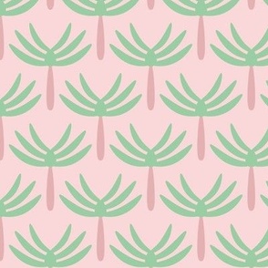 Mid-century style palm tree forest abstract tropical jungle design green mint beige on blush pink girls