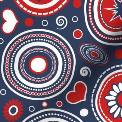 Mid Century Modern (MCM) Funky Circles // Retro Geometric // Flowers, Hearts, Dots, Swirls, Ovals // Red, White, Navy Blue // Medium Scale - 428 DPI