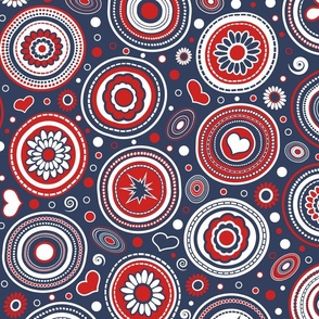MCM Funky Circles // Retro Geometric // Flowers, Hearts, Dots, Swirls, Ovals // Red, White, Navy Blue // Medium Scale - 428 DPI