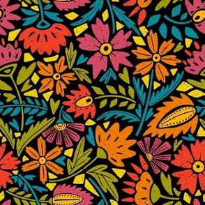 Block Print Textured Scandinavian Folk Florals Colorful Retro on black