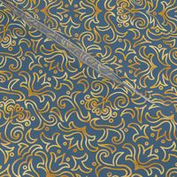 Faux Gold Victorian Damask on Denim Blue