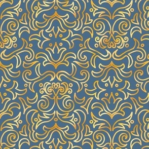 Faux Gold Victorian Damask on Denim Blue