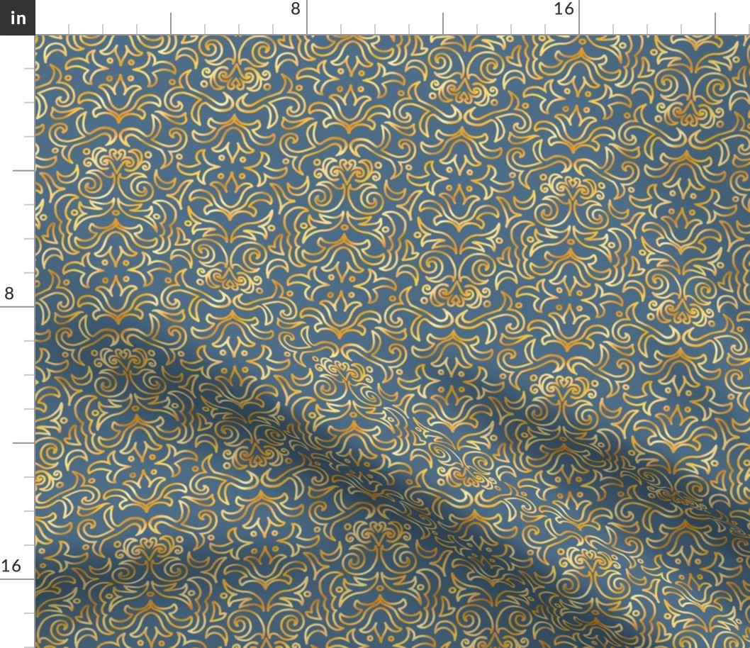 Faux Gold Victorian Damask on Denim Blue