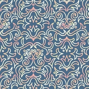 Faux metallic Victorian Damask on Denim Blue