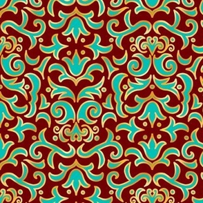 Victorian Damask, Turquoise and Gold on Crimson