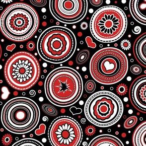 Mid Century Modern (MCM) Funky Circles // Retro Geometric // Flowers, Hearts, Dots, Swirls, Ovals // Red, Black and White // V1 // Medium Scale - 428 DPI