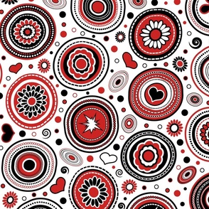 Mid Century Modern (MCM) Funky Circles // Retro Geometric // Flowers, Hearts, Dots, Swirls, Ovals // Red, Black and White // V3 // Medium Scale - 428 DPI