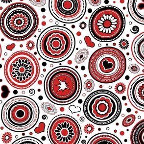 MCM Funky Circles // Retro Geometric // Flowers, Hearts, Dots, Swirls, Ovals // Red, Black and White // V3 // Medium Scale - 428 DPI
