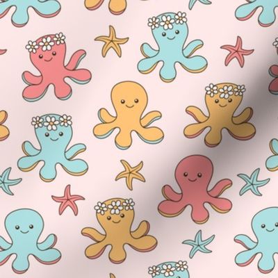 Cute Happy Dancing Octopus Pattern, Octopuses and starfish in Blush, Pink, Mint and Mustard Yellow Color