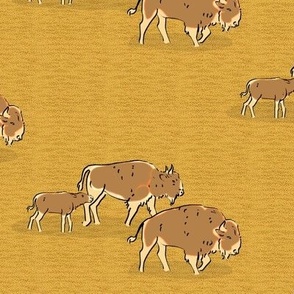 Retro Buffalo Bison Family Herd Brown on Yellow