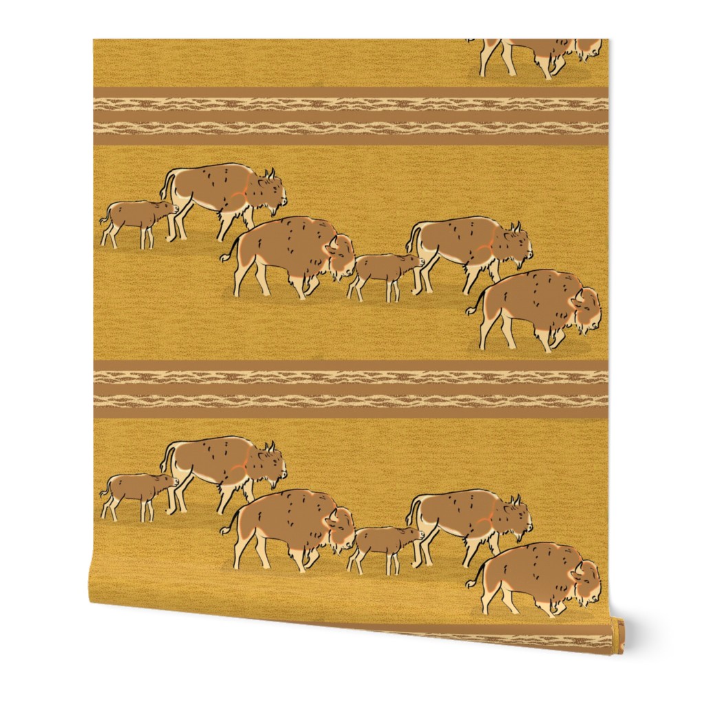 Retro Buffalo Bison Family Herd Brown on Yellow Stripe