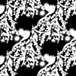 Wattle, Blossom Sparkle! (Diagonal panel) - white silhouettes on black, medium 