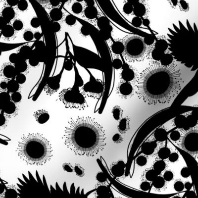 Wattle, Blossom Sparkle! (allover)  - black silhouettes on white, medium 