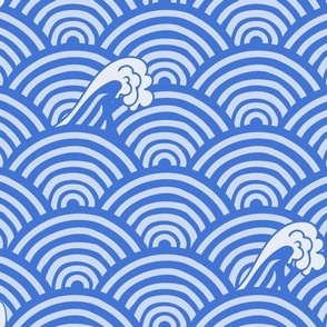  Art Deco Japanese waves scallop repeat design in blue and white