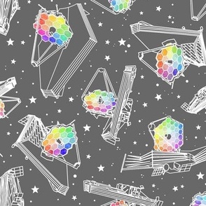 james webb space telescope grey with rainbow and stars