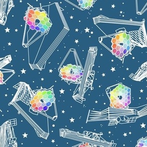 james webb space telescope blue with rainbow and stars