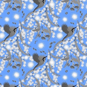 Wattle, Blossom Sparkle! (allover)  - greyscale on sky blue, medium 