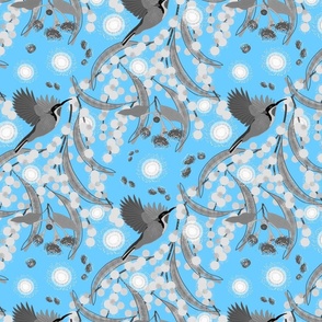 Wattle, Blossom Sparkle! (allover)  - greyscale on turquoise blue, medium 