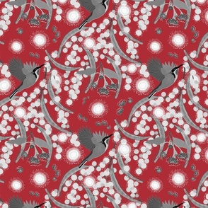 Wattle, Blossom Sparkle! (allover)  - greyscale on ruby red, medium 