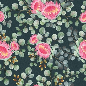 Floral seamless pattern with protea and eucalyptus on dark background.