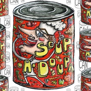 vintage retro soup-a-doupa canned soup,  jumbo large scale, black & white red yellow orange green peach coral gray grey quirky