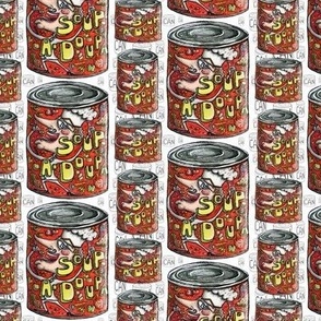 vintage retro soup-a-doupa canned soup,  small scale, black & white red yellow orange green peach coral gray grey quirky