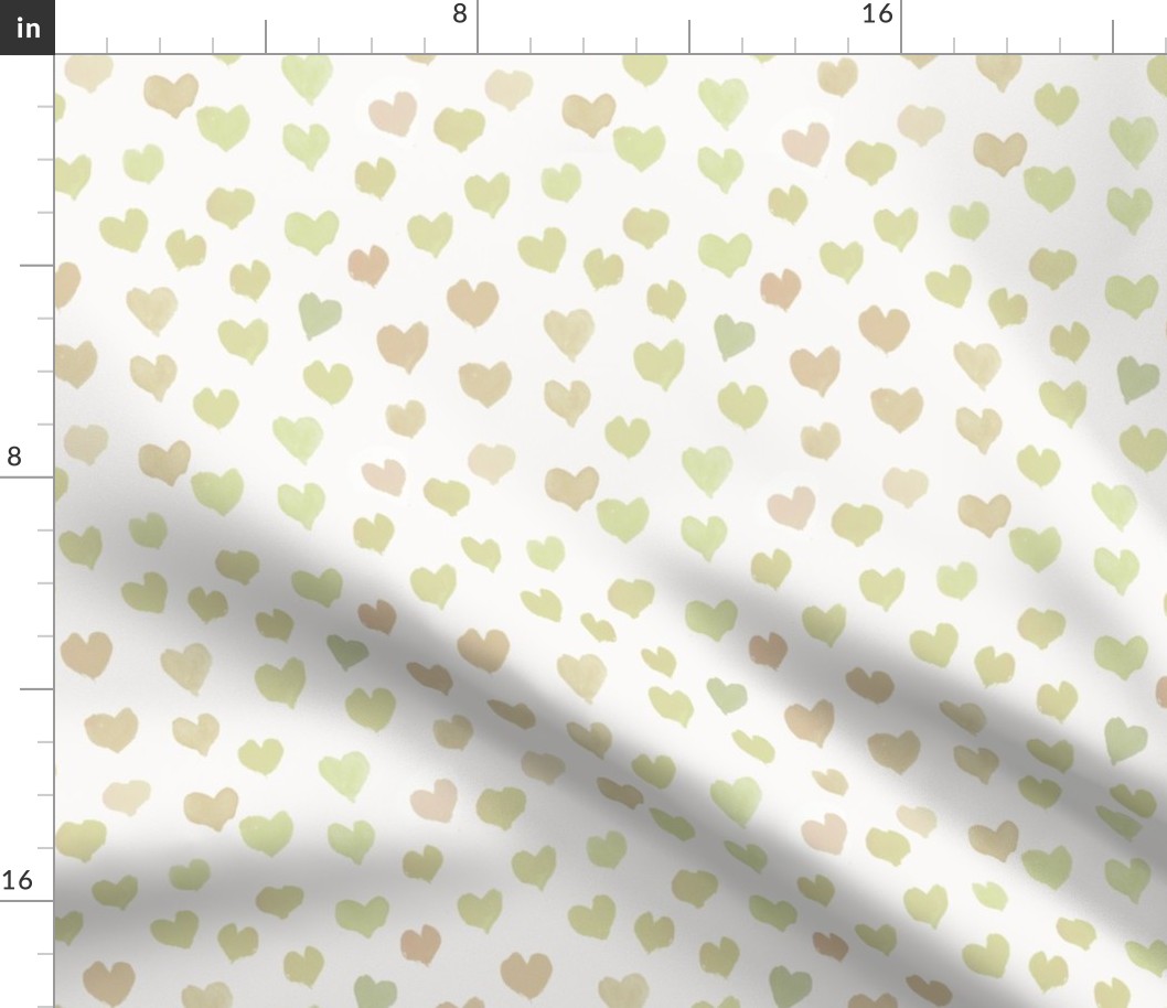 Seamless Watercolor Hearts pattern in sage green, pink, and white.