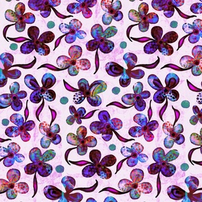Whimsical Purple Blue Flowers Dots on Pink Textured Background 