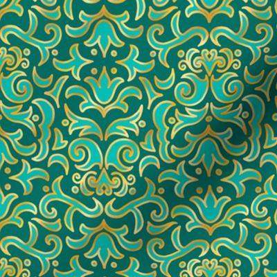 Victorian Damask, Turquoise and Gold on Teal