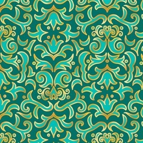 Victorian Damask, Turquoise and Gold on Teal