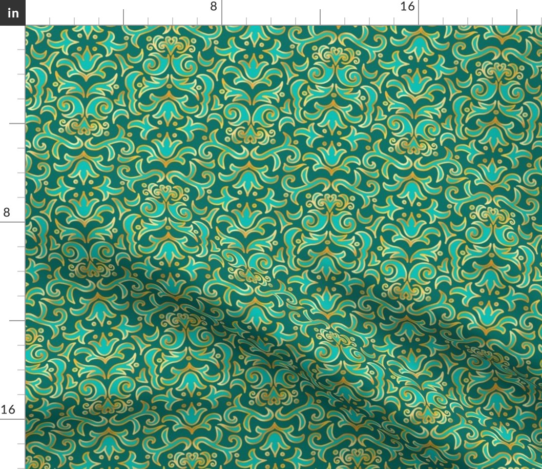 Victorian Damask, Turquoise and Gold on Teal