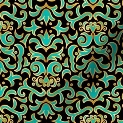 Victorian Damask, Turquoise and Gold on Black