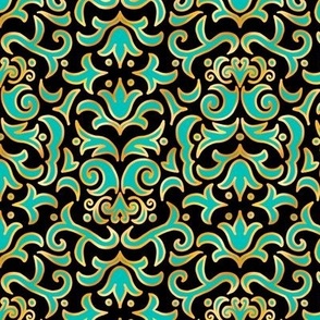 Victorian Damask, Turquoise and Gold on Black