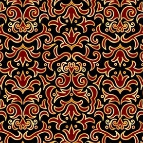 Small Victorian Damask, Crimson and Gold on Black