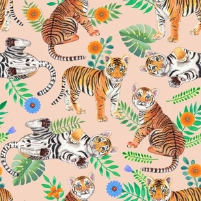 Tiger Cubs and Flowers (Creme)