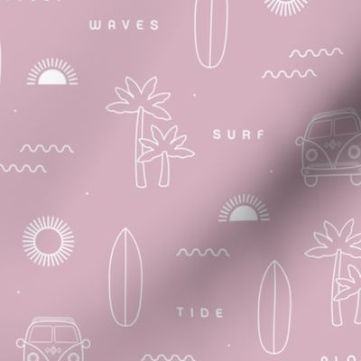 A day of surf island vibes hippie van and palm trees  waves and sunset design white on rise pink