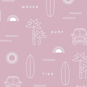 A day of surf island vibes hippie van and palm trees  waves and sunset design white on rise pink