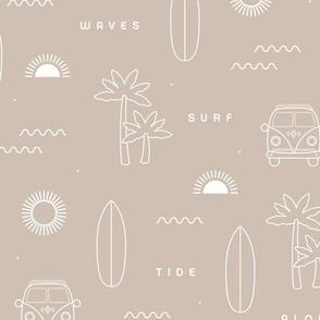 A day of surf island vibes hippie van and palm trees  waves and sunset design white on sand beige 