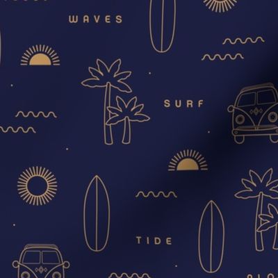 A day of surf island vibes hippie van and palm trees  waves and sunset design gold on navy blue nights