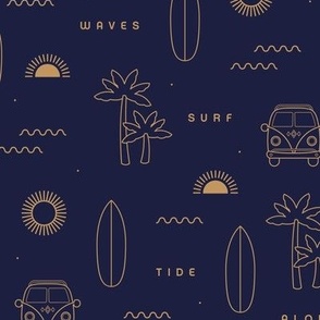 A day of surf island vibes hippie van and palm trees  waves and sunset design gold on navy blue nights