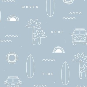 A day of surf island vibes hippie van and palm trees  waves and sunset design white on baby blue