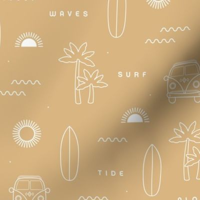 A day of surf island vibes hippie van and palm trees  waves and sunset design white on camel yellow 