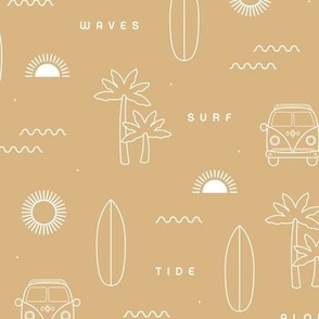 A day of surf island vibes hippie van and palm trees  waves and sunset design white on camel yellow 