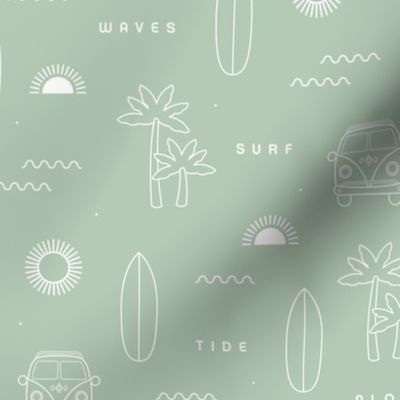 A day of surf island vibes hippie van and palm trees  waves and sunset design white on mint green
