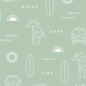 A day of surf island vibes hippie van and palm trees  waves and sunset design white on mint green