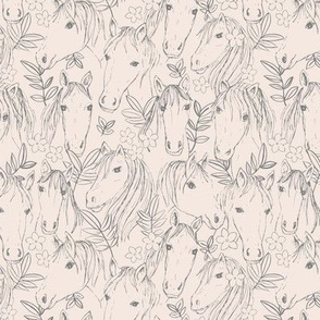 Wild horses and blossom sweet kids freehand design gray on sand beige 