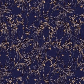 Wild horses and blossom sweet kids freehand design gold on navy blue night 