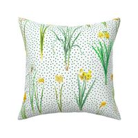 Daffodils and green polka dots on white ground 